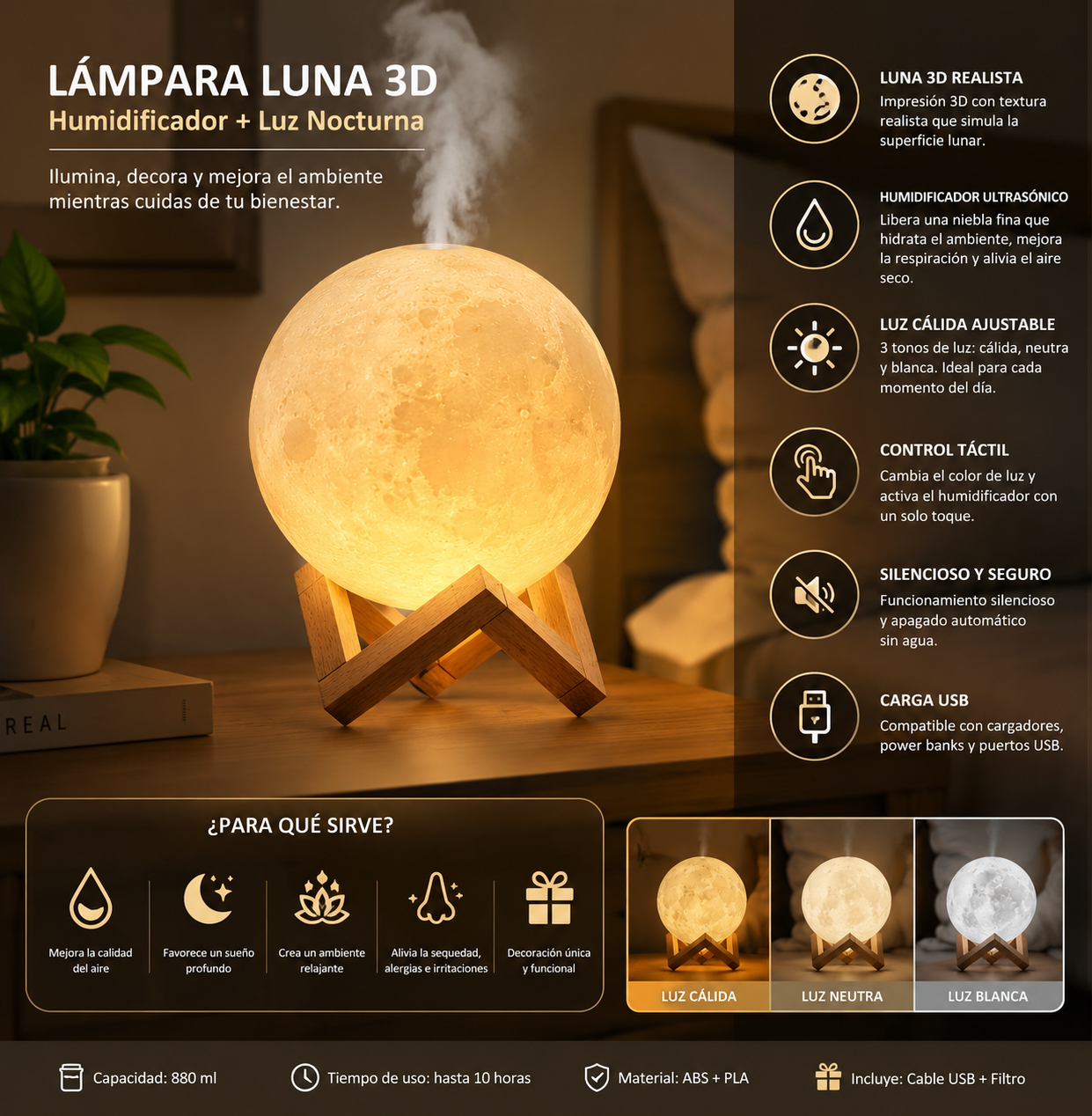 Lampara luna 3D+humidificador