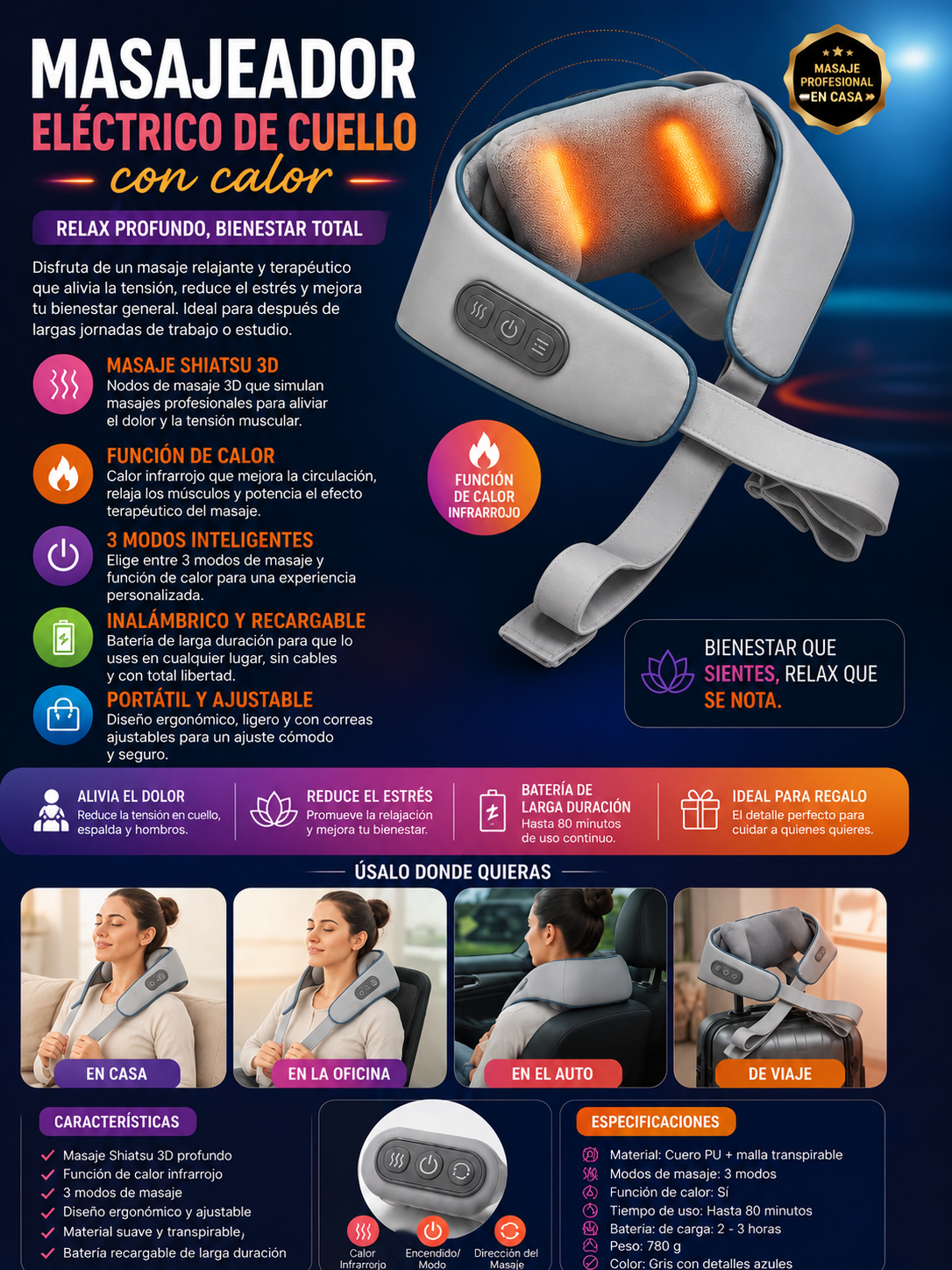 Masajeador eléctrico de cuello con calor (tipo Shiatsu)